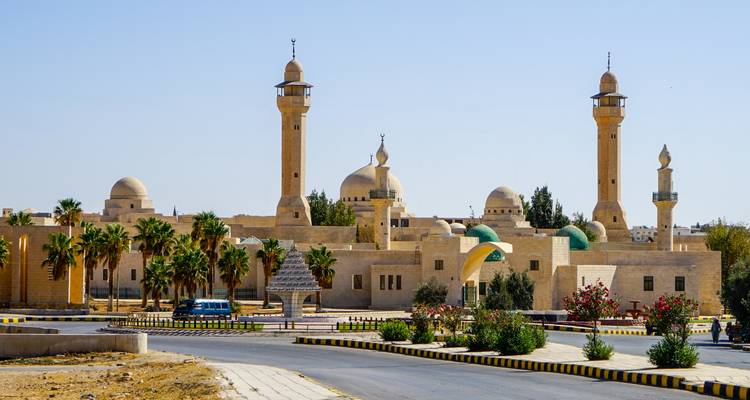 Complexe de mosquée de couleur désert grandiose avec plusieurs dômes et minarets sous un ciel dégagé