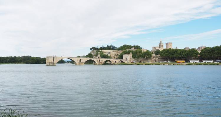Vue panoramique sur le Rhône vers le Pont Saint-Bénézet médiéval et l'horizon historique d'Avignon sous un ciel partiellement nuageux.