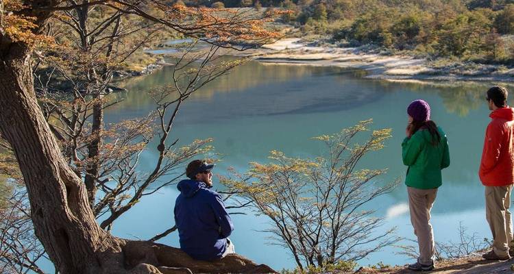 Des gens qui profitent de la vue d'un lac serein entouré d'arbres.