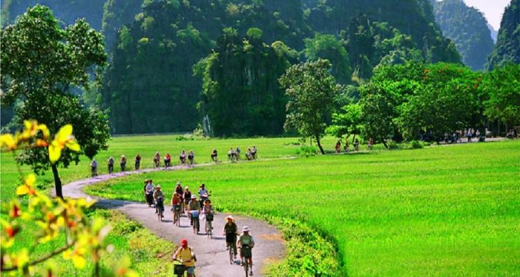 Des cyclistes roulant à travers des champs verts avec des montagnes calcaires en arrière-plan.