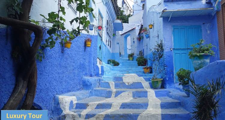 Callejón pintado de azul con escalones en Chefchaouen.