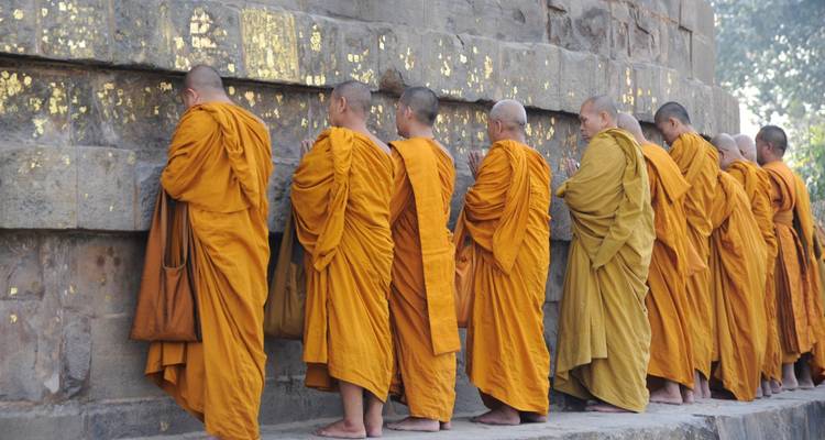 Line of Buddhist monks in saffron robes praying against an ancient stone wall with gold leaf patches.