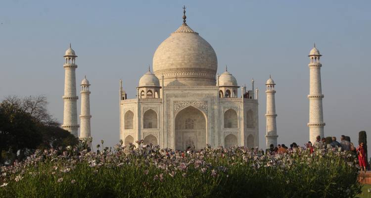 Taj Mahal con flores en primer plano y visitantes.