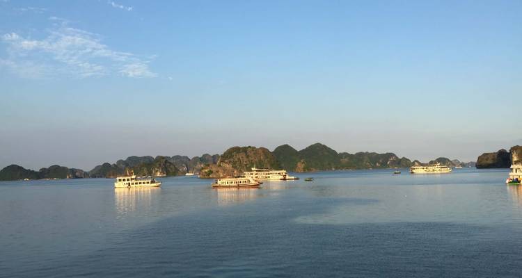 Plusieurs bateaux sur une vaste étendue d'eau avec des îles calcaires en arrière-plan.