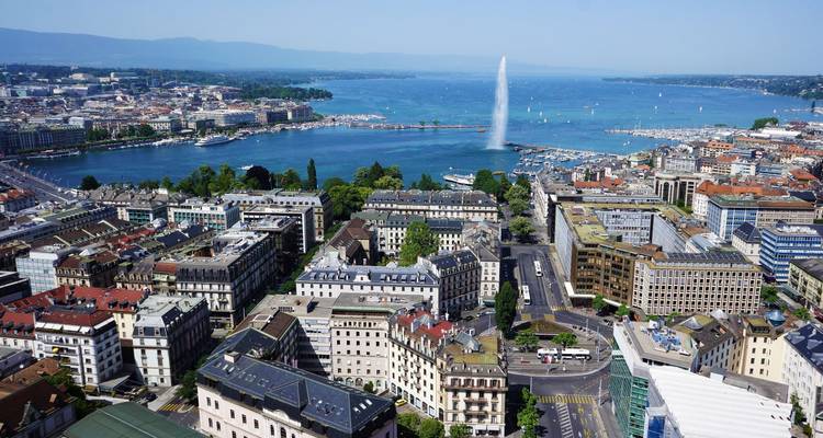 View across Geneva with the Jet d'Eau fountain spraying high above Lake Geneva.