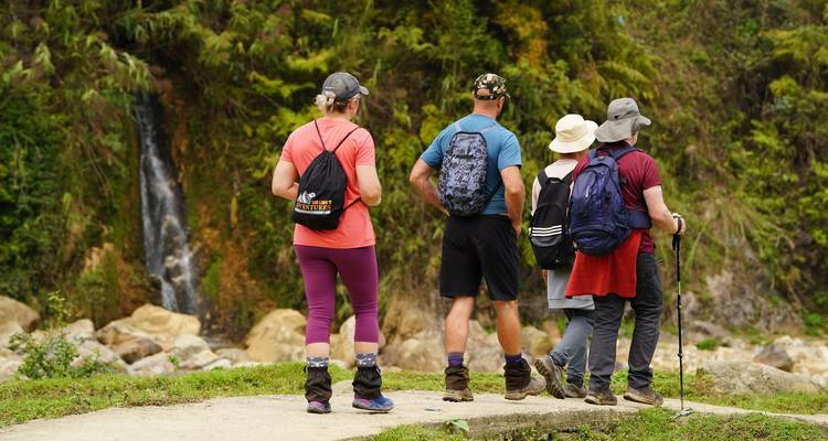 Excursionistas con bastones de senderismo se detienen en un sendero de concreto para admirar una pequeña cascada.