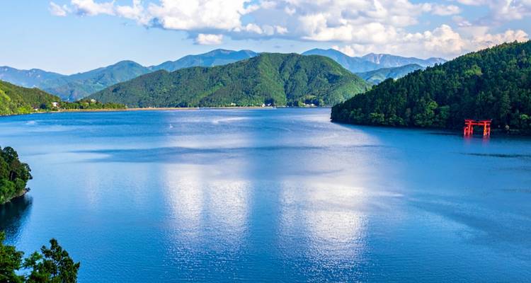 Vue panoramique sur le lac Ashi calme en direction des montagnes verdoyantes avec un portique torii rouge au loin sur la rive.
