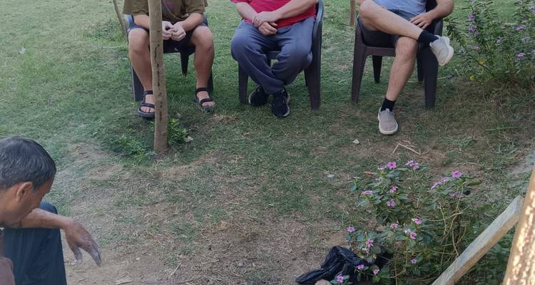 Un grupo de personas sentadas en sillas en una zona con césped.