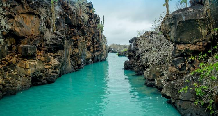 Enge Schlucht mit türkisfarbenem Wasser, umgeben von Felsklippen.