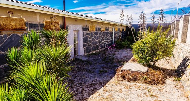 Un sentier bordé de plantes menant à un bâtiment sur l'île de Robben.