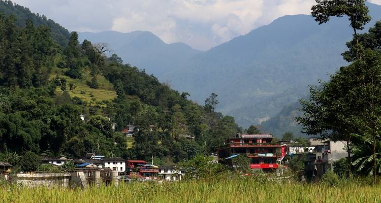 Un valle verde con edificios rodeado de colinas boscosas.