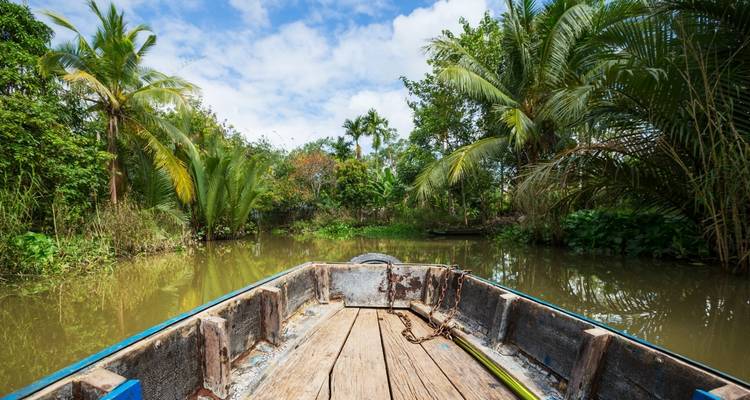 Houten boot die door een tropische rivier navigeert, omringd door palmbomen.