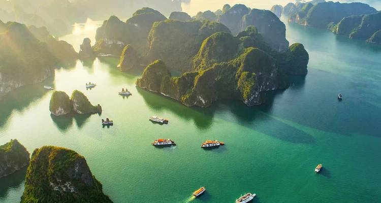 Aerial view of a stunning bay with limestone formations.