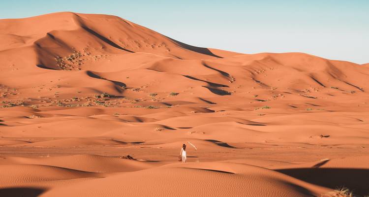 Une personne debout au milieu de vastes dunes de sable dans le désert.