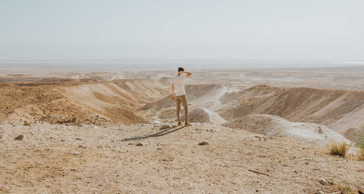 Personne debout sur une colline surplombant un paysage désertique aride.