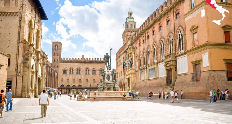 Animada Piazza Maggiore en Bolonia con Fuente de Neptuno y superposición de mapa en la esquina