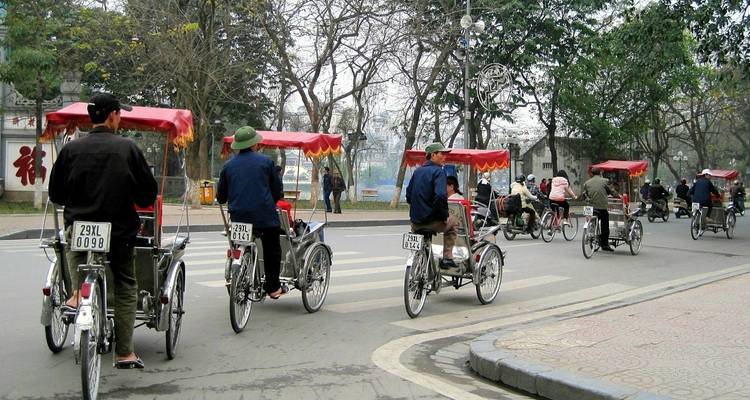 Groep mensen die riksja's berijden op een met bomen omzoomde straat.