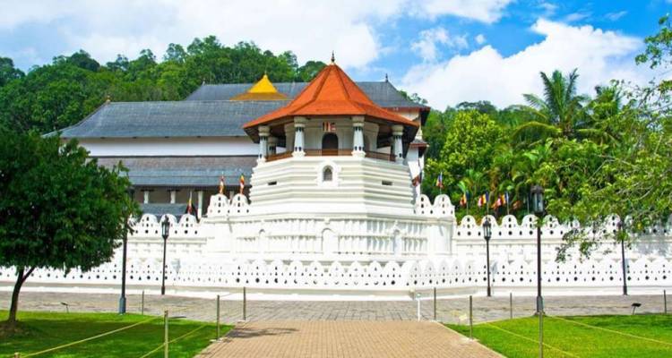 Bright daytime view of the white Temple of the Tooth with red-tiled roof surrounded by lush greenery under blue skies.