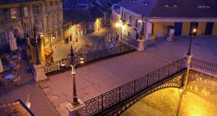 Scène nocturne du pont piétonnier en fer Pont des Mensonges et des façades environnantes illuminées.