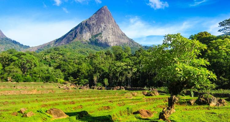 Weelderig groen landschap met een prominente steile berg en terrasvormige velden.
