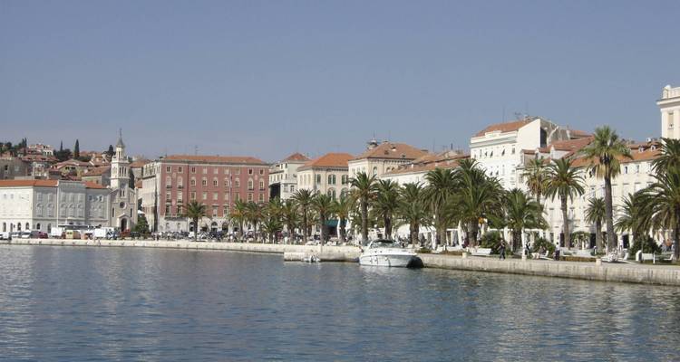 Panoramic view of Split waterfront with palm trees and buildings.