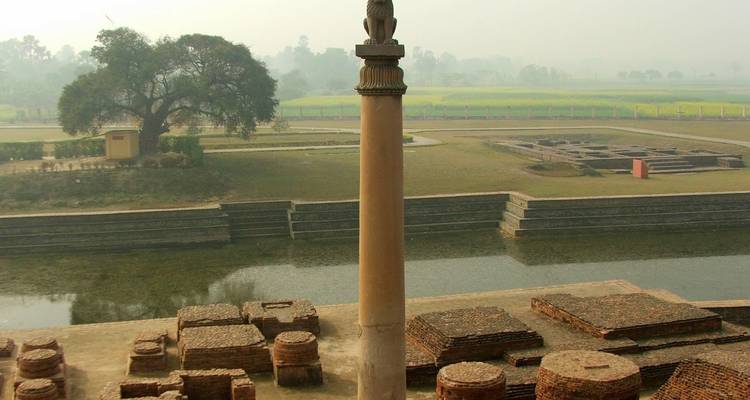 Antigua columna con ruinas en un entorno de jardín.