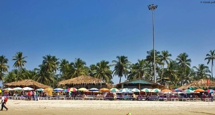 Parapluies colorés et restaurants de paillotes bordés de palmiers sur une plage de sable de Goa sous un ciel sans nuages