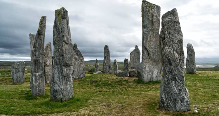 Piedras erguidas en un campo de hierba bajo un cielo nublado.