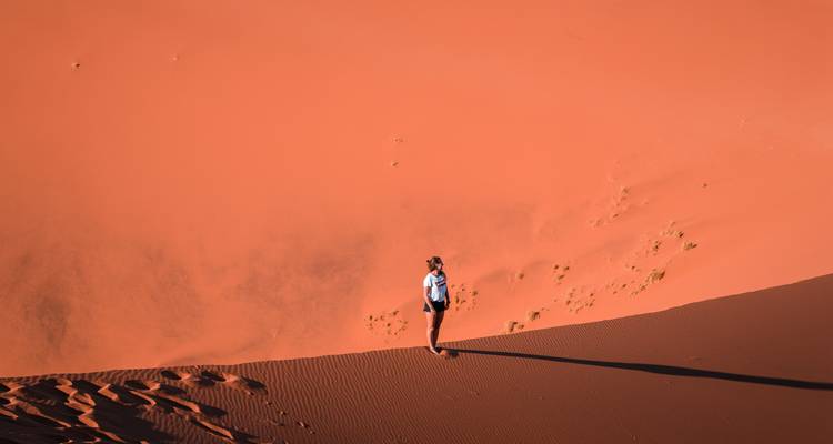 Persoon die op een helling van rood zand staat en uitkijkt over de uitgestrekte woestijn.