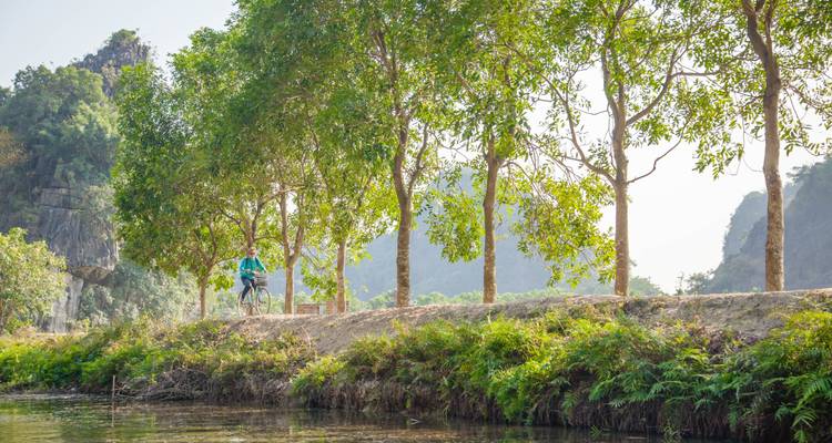 Een fietser die rijdt op een pad onder groene bomen langs een rivier.