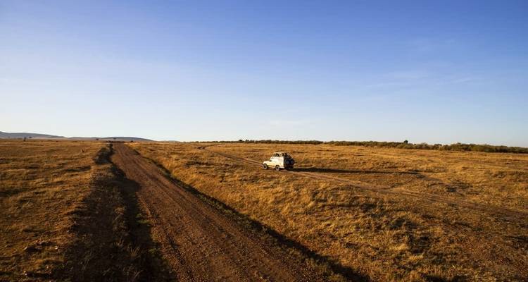 A vehicle on a dirt road in the savanna.