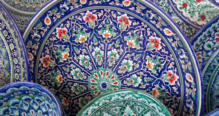 Close-up of intricately designed ceramic plates.