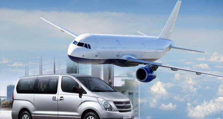 Stock style image of a passenger airplane in flight above a silver passenger van against a blue sky backdrop