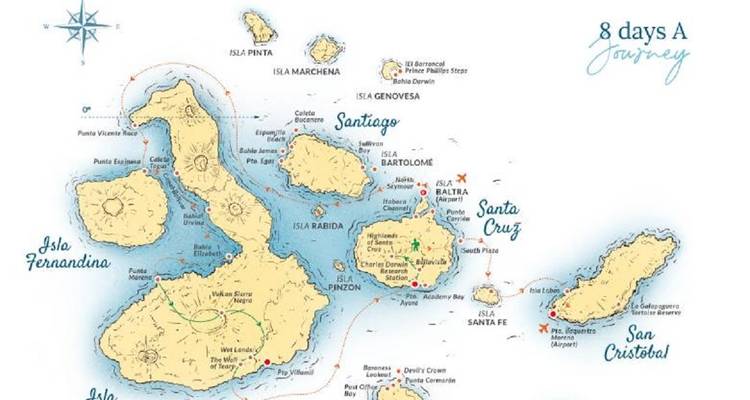Mapa de las Islas Galápagos señalando un viaje de 8 días.
