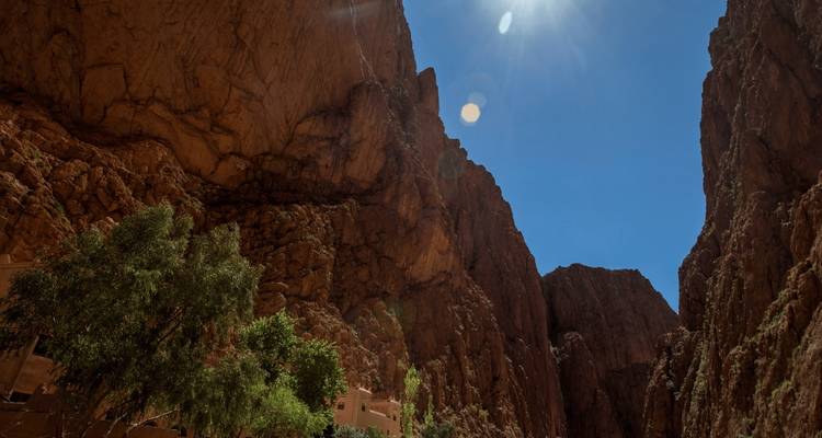 A deep gorge with sunlight shining through.