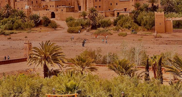 Adobe kasbah nederzetting en palmbosje badend in warm woestijnlicht.