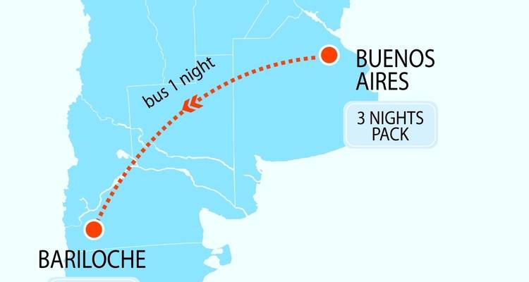Map image showing travel details between Buenos Aires and Bariloche.