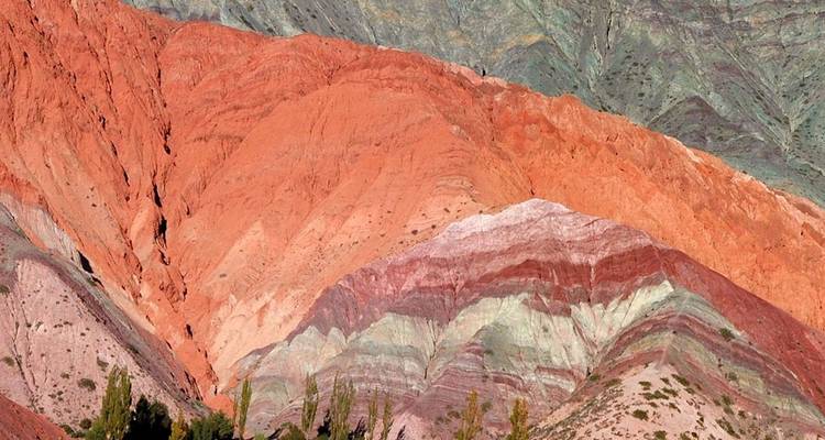 Multicolored layered hills.