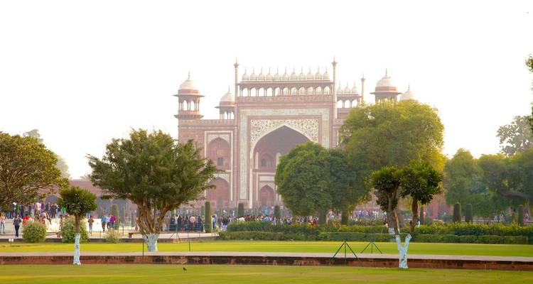 La puerta de entrada del complejo del Taj Mahal rodeada de árboles.