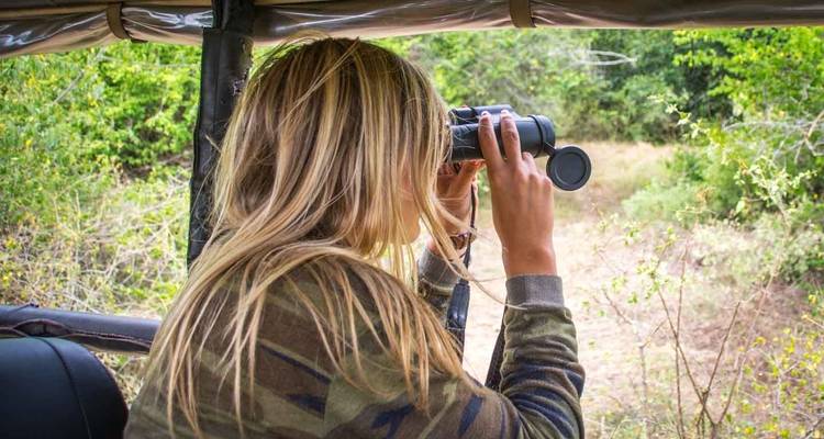 Frau schaut durch Fernglas auf Safari.