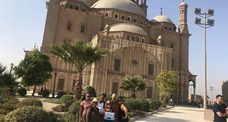 Group posing in front of the Muhammad Ali Mosque.