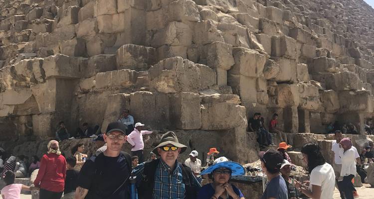 Group posing in front of the Great Pyramid of Giza.