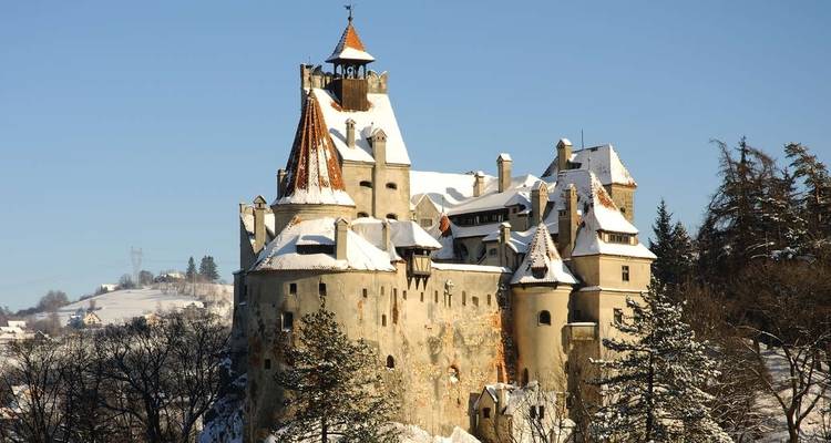 Famous castle covered in snow with mountains in the background.