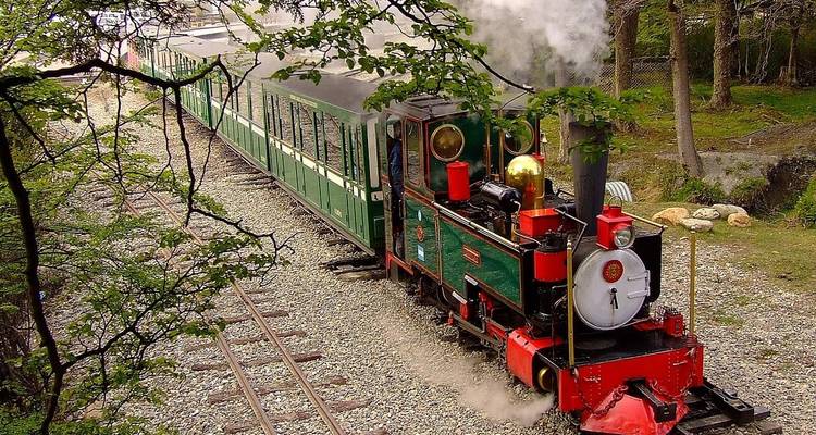 Historischer Zug auf Gleisen in einem bewaldeten Gebiet.