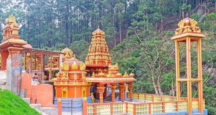 Farbenfroher hinduistischer Tempel mit kunstvollen Details, umgeben von Bäumen.