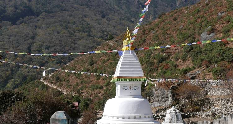 Stupa met gebedsvlaggen en bergachtige achtergrond.