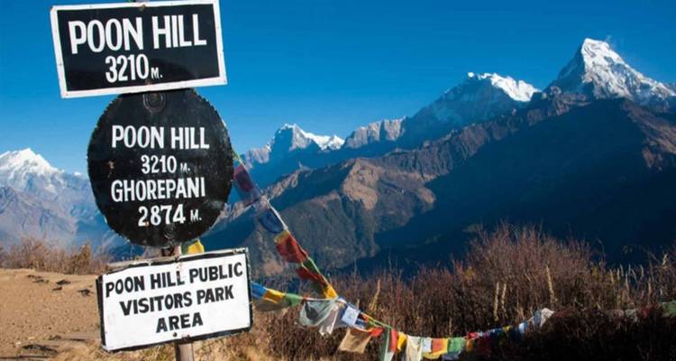 Poon Hill bewegwijzering met een bergketen in de verte.