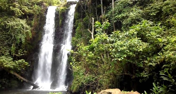 Tweeling watervallen die naar beneden storten langs een rotsachtige klif.