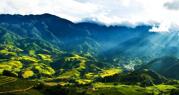 Scenic view of terraced fields under dramatic lighting.