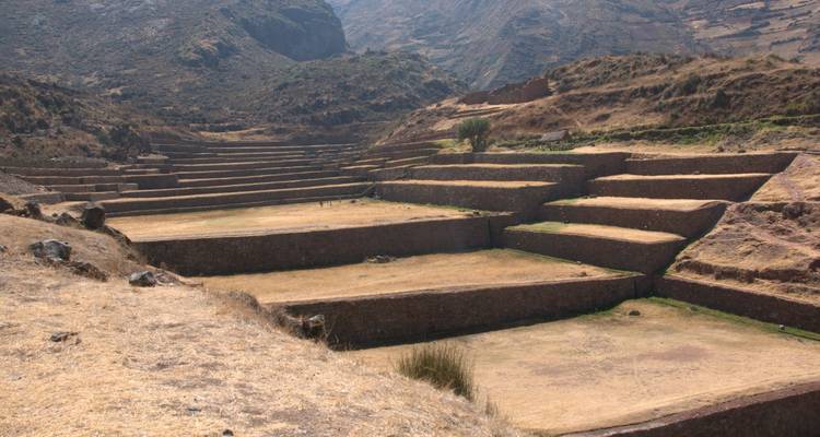 Terrazas agrícolas incas en un árido valle montañoso con picos escarpados más allá.